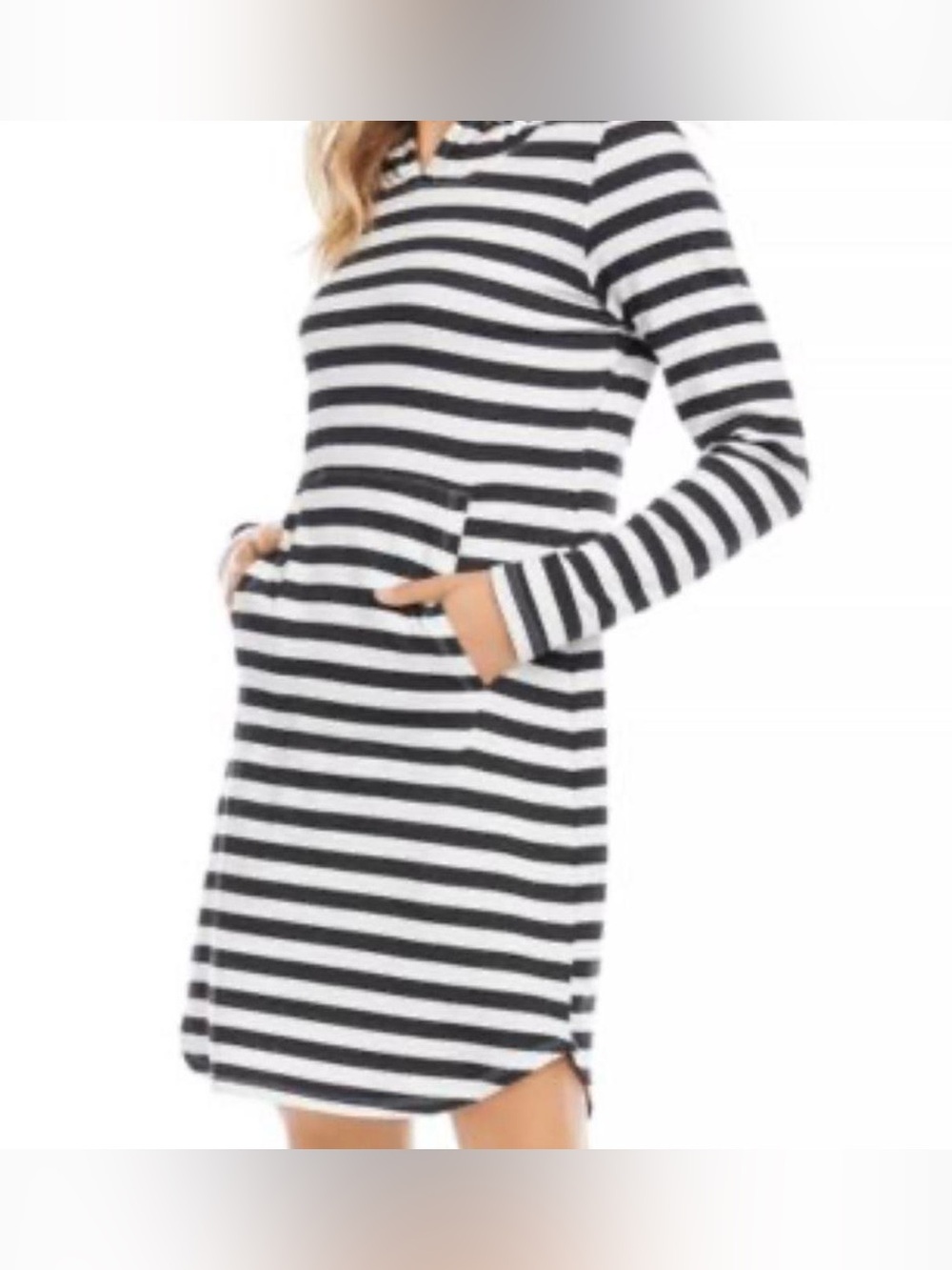 Karen Kane USA Black White Striped Long Sleeve Hooded Dress XL Classic Midi